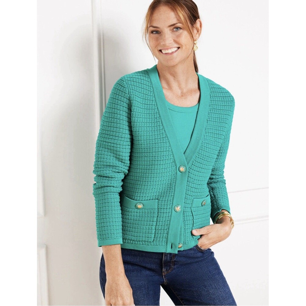 Talbots Kate Cardigan Sweater S Green Gold Crest Buttons Luxury Classic Preppy